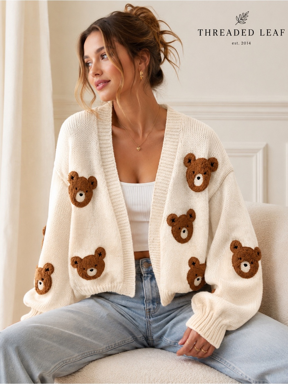 Threaded Leaf Teddy Bear Cardigan Womens M Ivory Open Front Sweater Cozy Kawaii